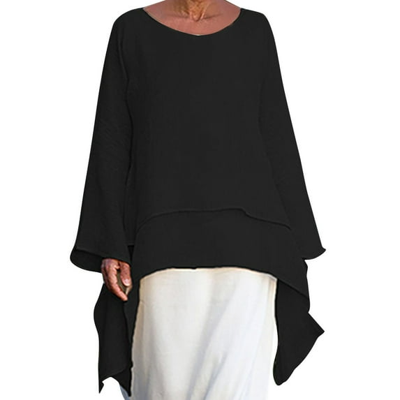 WTXUE T-Shirts Long Sleeve, Crew Neck Shirts for Women Size Plus SizeCrew Women Irregular Blouse Linen Neck Plus Size Tops Linen Shirts Solid Casual Tops for Women'S Plus Black XL