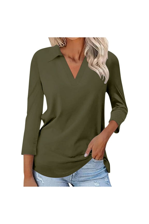 T-Shirts Long Sleeve, Crew Neck Shirts for Women's 3/4 Sleeve T Shirts Summer V-Neck Shirts Collared Cotton Solid, Tees Linen Shirts Casual Tops for Women