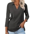thumbnail image 1 of WTXUE T-Shirts Long Sleeve, Crew Neck Shirts for Women's 3/4 Sleeve T Shirts Summer V-Neck Shirts Collared Cotton Solid, Tees Linen Shirts Casual Tops for Women Dark Gray S, 1 of 4