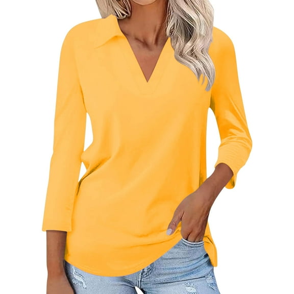 WTXUE T-Shirts Long Sleeve, Crew Neck Shirts for Women's 3/4 Sleeve T Shirts Summer V-Neck Shirts Collared Cotton Solid, Tees Linen Shirts Casual Tops for Women Yellow XXL