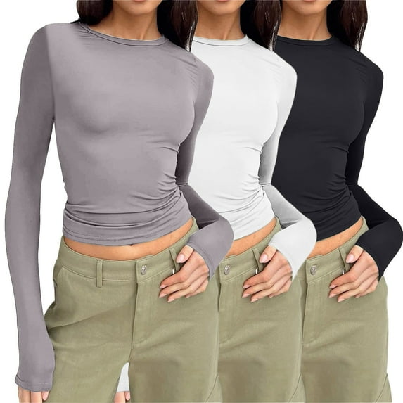 WTXUE T-Shirts Long Sleeve, Crew Neck Shirts for Women 3PCS Irregular T Shirt Top Cotton Solid Casual Tops for Women Grey XS