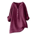 thumbnail image 1 of WTXUE T-Shirts Long Sleeve, Crew Neck Shirts for Women's Button Cotton Shirt Blouse Solid Casual Tops for Women Wine 4XL, 1 of 4