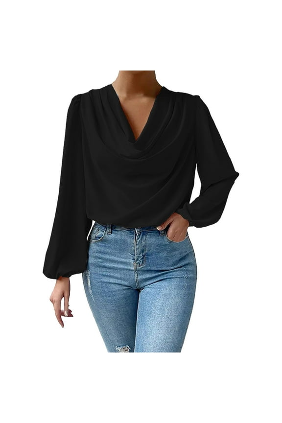 T-Shirts Long Sleeve, Drape Neck Shirts for Women's Blouse Ruffle Folds V-Neck Chiffon Shirt Loose Shirt Solid Casual Tops for Women Black S