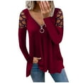 thumbnail image 1 of WTXUE T-Shirts Long Sleeve, V-Neck Womens Summer Tops 2024 Women Lady's V Neck Hollow Sleeve Rhin Womens Shirts Solid, V Neck Shirts Women Tees | Casual for Women Wine S, 1 of 4