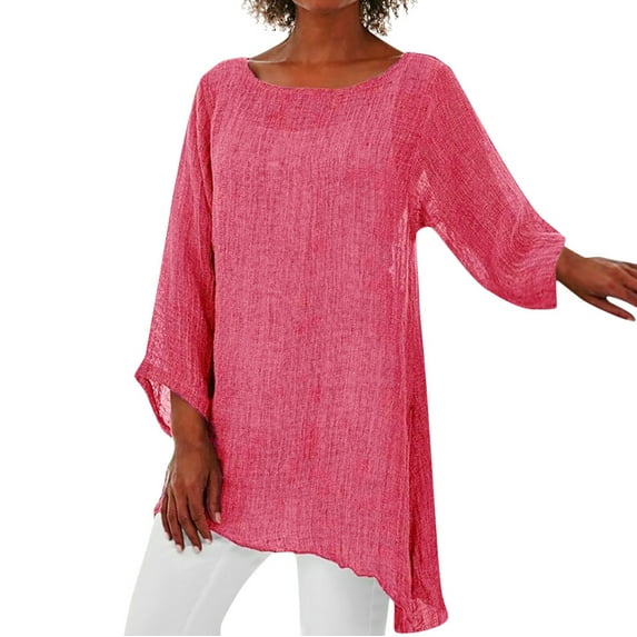 WTXUE T-Shirts Long Sleeve, Wide Neck Shirts for Women Plus Size Linen Baggy Blouse Shirt Ladies Summer Tunic Tops Cotton Solid, Linen Shirts Casual Tops for Women Pink S