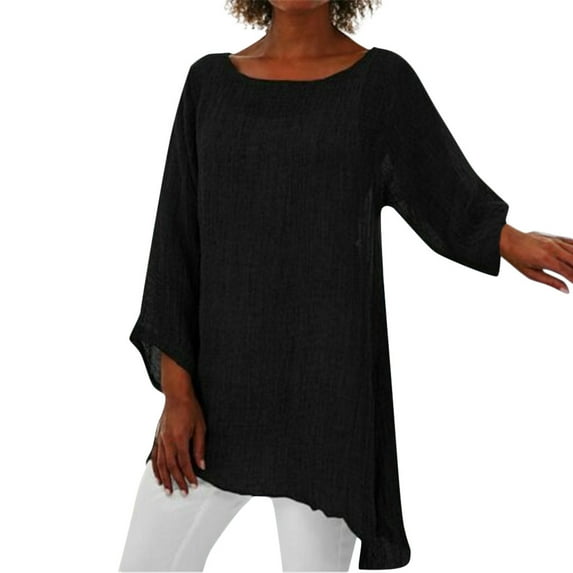 WTXUE T-Shirts Long Sleeve, Wide Neck Shirts for Women Plus Size Linen Baggy Blouse Shirt Ladies Summer Tunic Tops Cotton Solid, Linen Shirts Casual Tops for Women