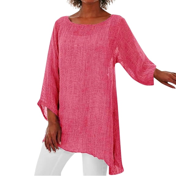 WTXUE T-Shirts Long Sleeve, Wide Neck Shirts for Women Plus Size Linen Baggy Blouse Shirt Ladies Summer Tunic Tops Cotton Solid, Linen Shirts Casual Tops for Women Pink 5XL