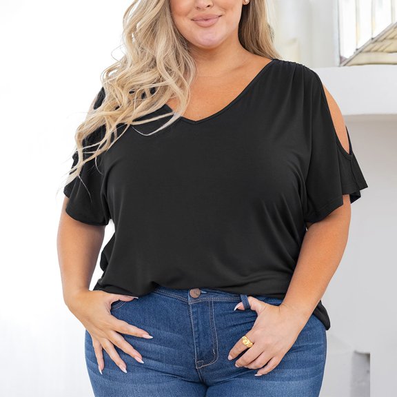 WTXUE T Shirts Oversized Tshirts for Women Ladies Summer Fashion Plus Size Short Sleeve Off Shoulder V Neck Top Cold Shoulder Tops for Women Womens Tops Casual V Neck T Shirts for Women H 3Xl