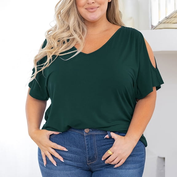 WTXUE T Shirts Oversized Tshirts for Women Ladies Summer Fashion Plus Size Short Sleeve Off Shoulder V Neck Top Cold Shoulder Tops for Women Womens Tops Casual V Neck T Shirts for Women D 3Xl