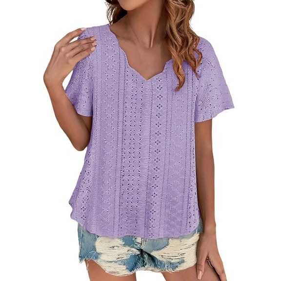 WTXUE T Shirts Short Sleeve Casual Solid Color Scallops V Neck Women'S Tops Comfortable Breathable Short Sleeved V Neck Women'S T Shirt V Neck T Shirts Tunic Tops Basic Tees for Women Purple 5Xl