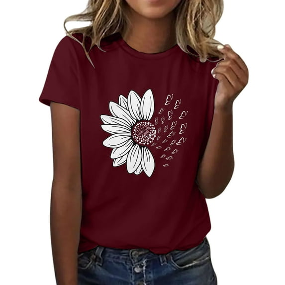 WTXUE T-Shirts Short Sleeve, Crew Neck Graphic Tees Women Sunflower Summer T Shirt Loose Blouse Girl Cotton Floral, Shirts for Women | Casual for Women's Plus Wine/Sunflower S