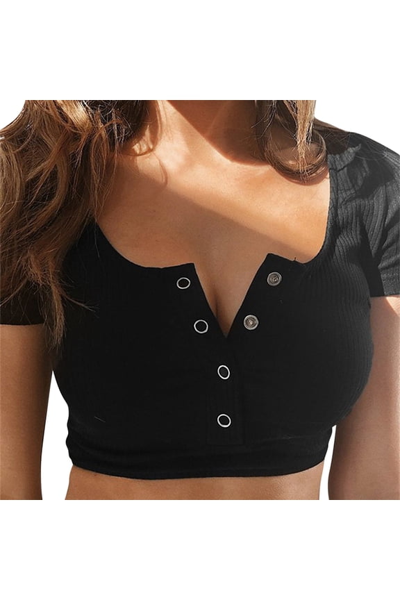 T-Shirts Short Sleeve, Crew Neck Shirts for WomenButton Short Crop Round Top Tank Neck Blouse Slim Sleeve Top T-Shirt Blouse Solid | Casual for Women Black L