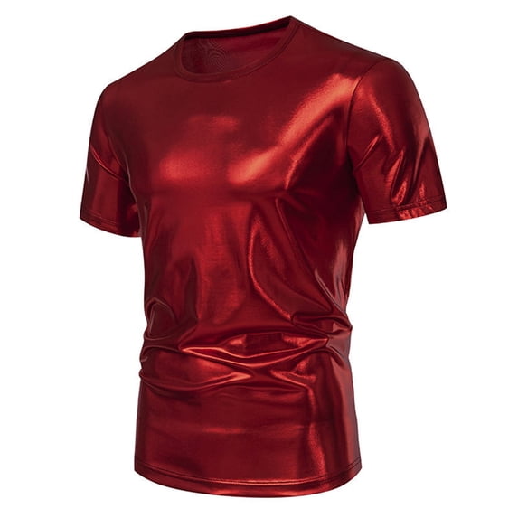 WTXUE T-Shirts Short Sleeve, Crew Neck Shirts for Men Sports T Shirt Casual Lapel Shiny T Shirt Top Solid | Dancewear for Men Red M