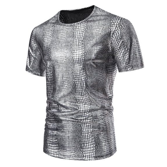 WTXUE T-Shirts Short Sleeve, Crew Neck Shirts for Men Sports T Shirt Casual Lapel Shiny T Shirt Top Solid | Dancewear for Men Silver L