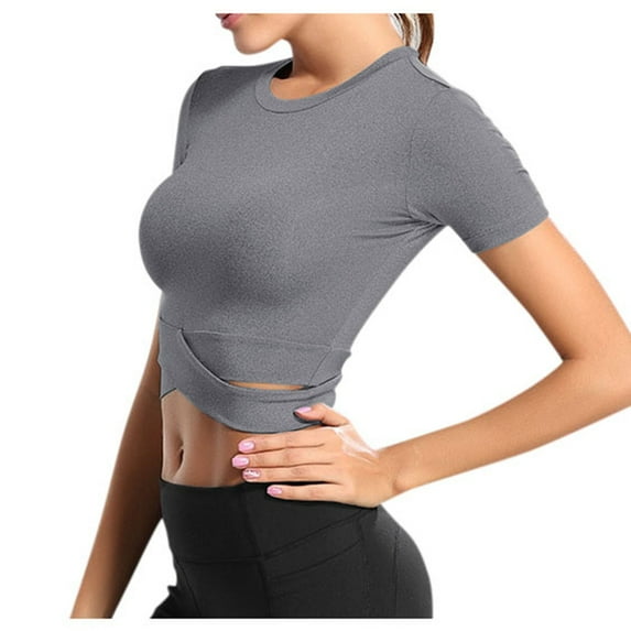 WTXUE T-Shirts Short Sleeve, Crew Neck Shirts for Women for Yoga Daily Loose Blouses Tops Solid | Activewear for Women Grey S