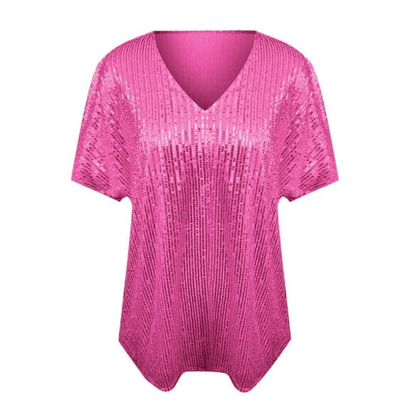 WTXUE T-Shirts Short Sleeve, Crew Neck Shirts for Women's Spring Summer V Neck Sequined T Shirt Solid | Casual for Women Hot Pink XXL