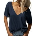 thumbnail image 1 of WTXUE T-Shirts Short Sleeve, Deep V-Neck Shirts for Women's Deep V Neck Top Casual Loose Basic T Shirt Cotton Solid | Casual for Women Navy 3XL, 1 of 5