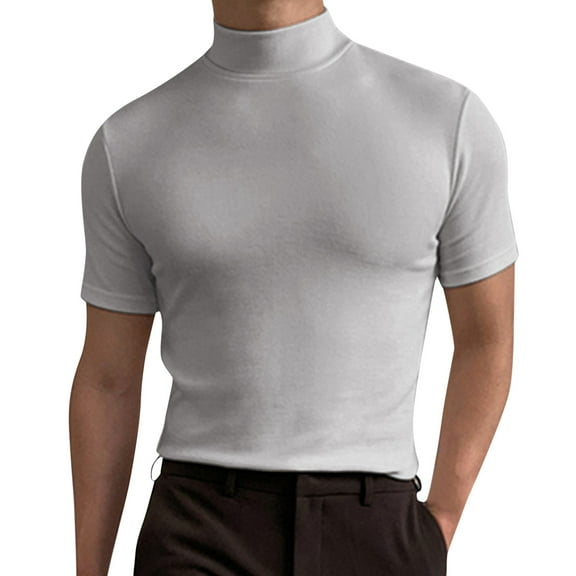 WTXUE T-Shirts Short Sleeve, Mock Neck Shirts for Men Male Spring Summer Solid T Shirt Blouse Turtleneck T Shirt Cotton Solid Casual Tops for Men Grey XXL