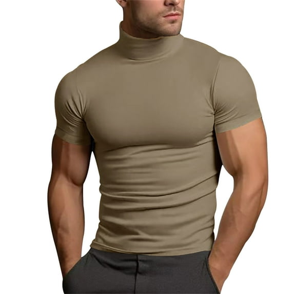 WTXUE T-Shirts Short Sleeve, Mock Neck Shirts for Men Male Summer Solid T Shirt Blouse Turtleneck T Shirt Solid | Casual for Men Khaki XXL