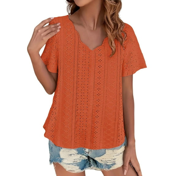 WTXUE T Shirts Short Sleeve Shirts Casual Solid Color Scallops V Neck Women'S Tops Comfortable Breathable Short Sleeved V Neck Women'S T Shirt V Neck T Shirts Tunic Tops Basic Tees for Women Orange M