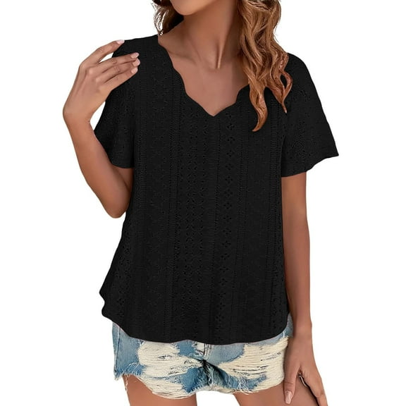 WTXUE T Shirts Short Sleeve Shirts Casual Solid Color Scallops V Neck Women'S Tops Comfortable Breathable Short Sleeved V Neck Women'S T Shirt V Neck T Shirts Tunic Tops Basic Tees for Women Black Xxl