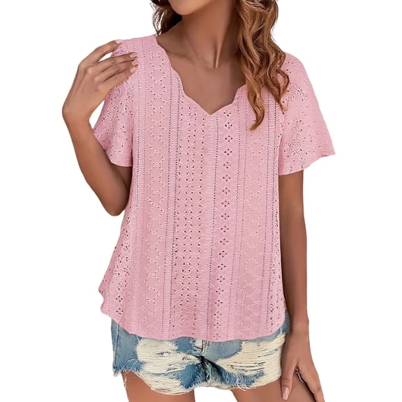 WTXUE T Shirts Short Sleeve Shirts Casual Solid Color Scallops V Neck Women'S Tops Comfortable Breathable Short Sleeved V Neck Women'S T Shirt V Neck T Shirts Tunic Tops Basic Tees for Women Pink 4Xl