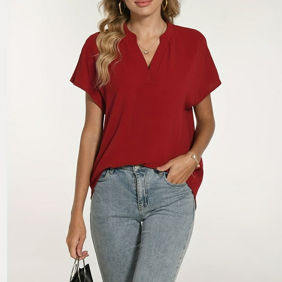 WTXUE T Shirts Short Sleeve Shirts Womens Summer Tops 2025 V Neck Short Sleeve Tshirt Loose Flowy Tunics Solid Color Casual Blouse Shirts Linen Shirts for Women Tunic Tops Womens Tops Casual Rd1 L