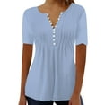 thumbnail image 1 of WTXUE T-Shirts Short Sleeve, Slit Neck Shirts for Women's Pleated Button Open Loose T Shirt Top Solid | Casual for Women Light Blue XXL, 1 of 5