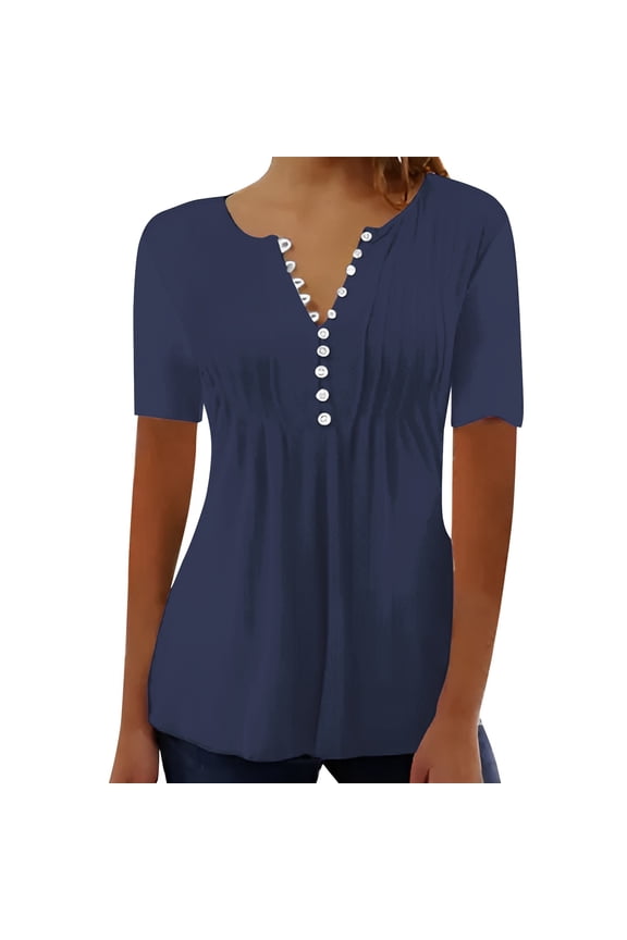 T-Shirts Short Sleeve, Slit Neck Shirts for Women's Pleated Button Open Loose T Shirt Top Solid | Casual for Women Navy L
