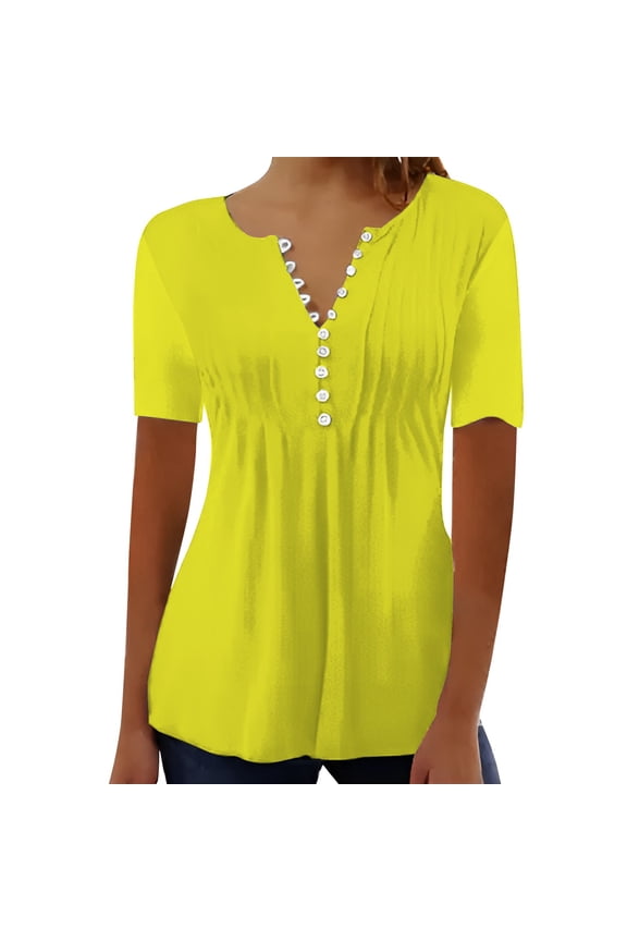 T-Shirts Short Sleeve, Slit Neck Shirts for Women's Pleated Button Open Loose T Shirt Top Solid | Casual for Women Yellow XL