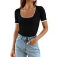 thumbnail image 1 of WTXUE T-Shirts Short Sleeve, Square Neck Shirts for Women's Square Neck Color Block T Shirt 2024 Summer Sli Crop Tops Solid, Knit Tops | Casual for Women Black XXL, 1 of 8