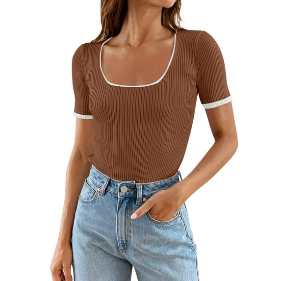 WTXUE T-Shirts Short Sleeve, Square Neck Shirts for Women's Square Neck Color Block T Shirt 2024 Summer Sli Crop Tops Solid, Knit Tops | Casual for Women Brown M