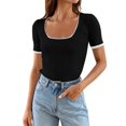 thumbnail image 1 of WTXUE T-Shirts Short Sleeve, Square Neck Shirts for Women's Square Neck Color Block T Shirt 2024 Summer Sli Crop Tops Solid, Knit Tops | Casual for Women Black L, 1 of 8