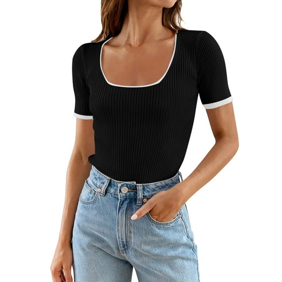WTXUE T-Shirts Short Sleeve, Square Neck Shirts for Women's Square Neck Color Block T Shirt 2024 Summer Sli Crop Tops Solid, Knit Tops | Casual for Women Black L