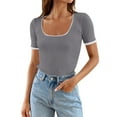 thumbnail image 1 of WTXUE T-Shirts Short Sleeve, Square Neck Shirts for Women's Square Neck Color Block T Shirt 2024 Summer Sli Crop Tops Solid, Knit Tops | Casual for Women Grey XL, 1 of 8