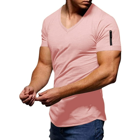 WTXUE T-Shirts Short Sleeve, V-Neck Shirts Summer Casual Zipper Pocket T Shirt Top Blouse Cotton Solid Casual Tops for Men Pink 3XL