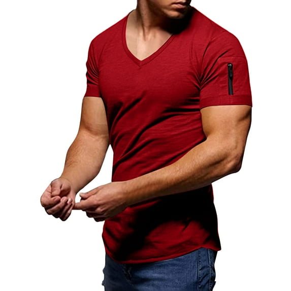 WTXUE T-Shirts Short Sleeve, V-Neck Shirts Summer Casual Zipper Pocket T Shirt Top Blouse Cotton Solid Casual Tops for Men Red 3XL