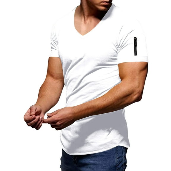 WTXUE T-Shirts Short Sleeve, V-Neck Shirts Summer Casual Zipper Pocket T Shirt Top Blouse Cotton Solid Casual Tops for Men White XL