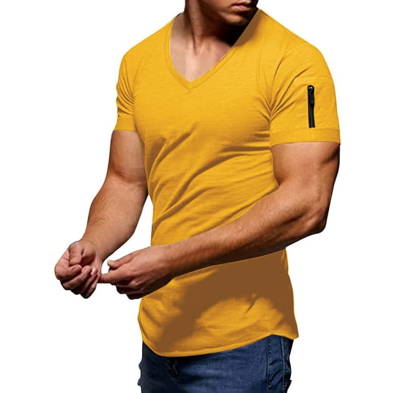 WTXUE T-Shirts Short Sleeve, V-Neck Shirts Summer Casual Zipper Pocket T Shirt Top Blouse Cotton Solid Casual Tops for Men Yellow XXL