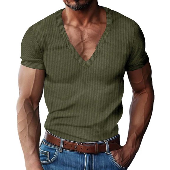 WTXUE T-Shirts Short Sleeve, V-Neck Shirts for Men Spring Summer Corduroy V-Neck T Shirt T Shirt Solid Casual Tops for Men Fern Green M