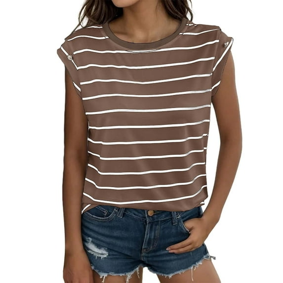 WTXUE T-Shirts Sleeveless, Crew Neck Shirts for Women's Summer Loose Striped T Shirt Striped Casual Tops for Women Coffee/Striped XL