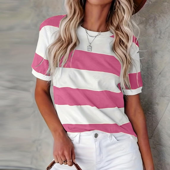 WTXUE T Shirts Striped Shirt Women Ladies Spring Summer Solid Color Printed Casual Comfortable Women'S Tops Short Sleeve Tops Short Sleeve Shirts for Women Womens Tops Casual Tunic Tops Pink M