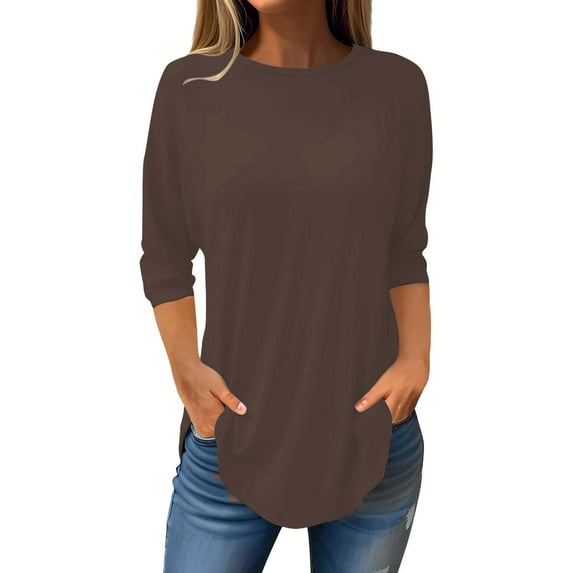 WTXUE T Shirts for Women Elbow Sleeve Tops Women Women'S Pure Color Fashionable Casual Round Neck And Three Quarter Sleeve Top T Shirts for Women Loose Fit Tunic Tops Womens Tops Casual Brown 4Xl