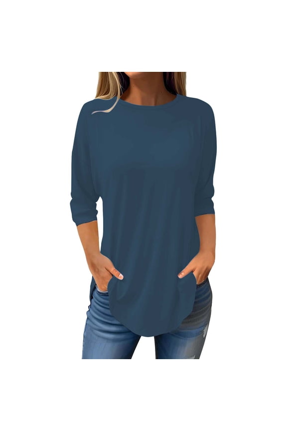 T Shirts for Women Elbow Sleeve Tops Women Women'S Pure Color Fashionable Casual Round Neck And Three Quarter Sleeve Top T Shirts for Women Loose Fit Tunic Tops Womens Tops Casual Navy L