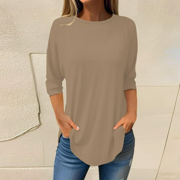 WTXUE T Shirts for Women Elbow Sleeve Tops Women Women'S Pure Color Fashionable Casual Round Neck And Three Quarter Sleeve Top T Shirts for Women Loose Fit Tunic Tops Basic Tees for Women Coffee M