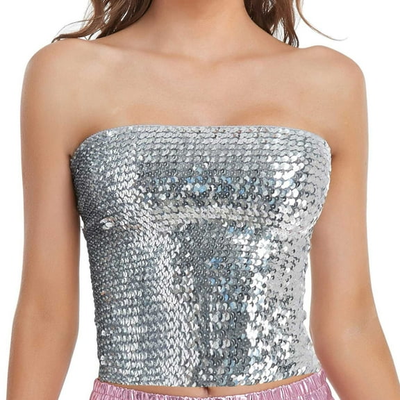 WTXUE Tank Tops Crop Tank Tops for Women Fashion Mardi Holiday Womens Sparkling Sequins Stretch Clubwear Tube Top Sleeveless Tank Tops for Women Corset Tops for Women Going Out Tops Silver One Size