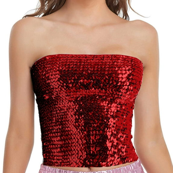 WTXUE Tank Tops Crop Tank Tops for Women Fashion Mardi Holiday Womens Sparkling Sequins Stretch Clubwear Tube Top Sleeveless Tank Tops for Women Corset Tops for Women Going Out Tops Red One Size
