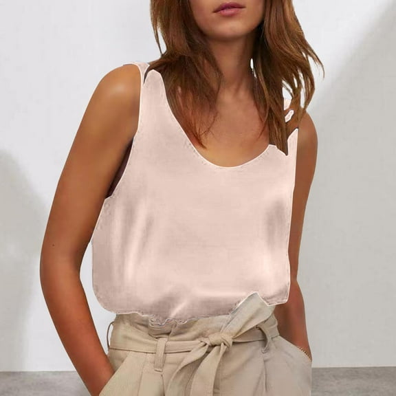 WTXUE Tank Tops Modest Blouses Satin Silk Sleeveless Top Round Neck Tunic Top Womens Fashion Tops Cute Summer Tops Dressy Shirts Casual Tops Wrinkle Free Blouses Rose Gold S