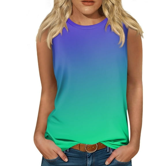 WTXUE Tank Tops Sleeveless, Crew Neck Women's Gradient Print Vest Casual Top Printed | Casual for Women Green/Printed 3XL