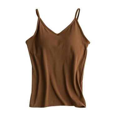 WTXUE Tank Tops Sleeveless, Scoop Neck Cotton Spaghetti Straps Women's with Bra Pads Bra One Vest Camisole Top Solid | Casual for Women Brown L